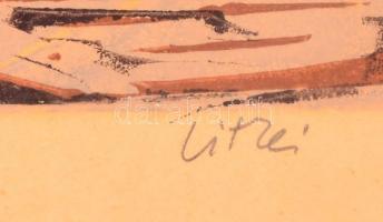 Litkei József (1922-1988): Falu. Színes linó, papír, jelzett, üvegezett keretben, 28×41 cm