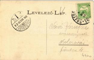 1906 Tövis, Teius; Piac részlet és főút, árusok, dohány üzlet, Római katolikus templom, Maros folyó ...