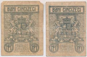 Románia 1917. 50b (2x) T:III,III-
Romania 1917. 50 Bani (2x) C:F,VG