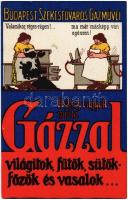 1914 Budapest Székesfőváros Gázművei reklámlap. Boldog vagyok mióta gázzal világítok, fűtök, sütök-főzök és vasalok / Hungarian gas works advertisement, litho
