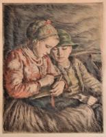 Glatz Oszkár(1872-1958)-Prihoda István (1891-1956): Betűvetés, színezett rézkarc, papír, jelzett, foltos, 34,5×25,5 cm
