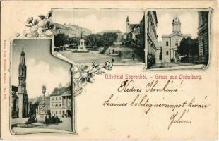 1899 Sopron, Oedenburg; Széchenyi tér és szobor, Városház tér, Szentháromság szobor, izraelita templom, zsinagóga / synagogue. Art Nouveau, floral