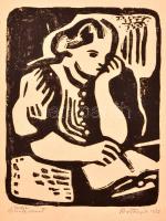 Bortnyik Sándor (1893-1976): Olvasó nő 1933. Eredeti linólevonat, papír, kis gyűrődéssel, folttal, 22×17 cm