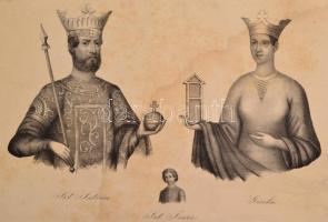 XIX. sz. közepe: Szt István, Gizella és Imre herceg kőnyomatos képe. 28x19 cm Foltos.