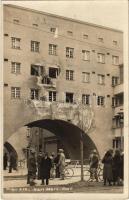 1934 Vienna, Wien XIX. Karl Marx Hof, Kindergarten / street view with burnt house, bicycles and nursery. photo