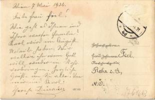 1934 Vienna, Wien XIX. Karl Marx Hof, Kindergarten / street view with burnt house, bicycles and nurs...