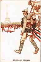 1915 Bevonulás Párizsba / Einmarsch in Paris / WWI German military anti-French art postcard. Cromo Lith. Kunstanstalt Georg Wagrandl (EK)