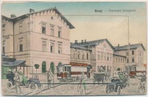 1917 Stryi, Stryj; Dworzec kolejowy / Bahnhof / railway station, in the future montage. leporellocard with street views, pharmacy, Sokol movements building, market, etc.