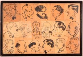 Major Henrik (1889-1948): 17 db karikatúrája. Rózsahegyi Kálmán, Halmos Mihály, Nagy Endre, Orbók Attila, Hegedűs Sándor, és még sokan mások. Jelzett. Üvegezett keretben 84x36 cm