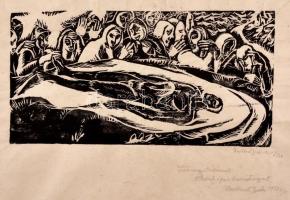 Derkovits Gyula (1894-1934): Halottsiratás 1924 I/20. Fametszet, hártyapapír, jelzett, kis gyűrődéssel, 14×28 cm (Fónagy Bélának őszinte örök barátsággal 1927 X/17)