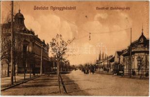 1913 Nyíregyháza, Vasúti út (Széchenyi út), villamos. Borbély Sámuel kiadása