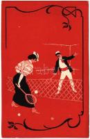 Lawn tennis. Tennis playing couple at the tennis court, art postcard (vágott / cut)