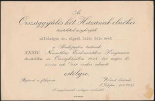 1938 Az Országgyűlés Házának elnökei által kiadott meghívó a XXXIV. Nemzetközi Eucharisztikus Kongresszus alkalmából rendezett estélyre