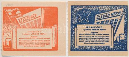 ~1948-1949. Szabad Nép utalvány 1 lapszámról, kék színű + Szabad Nép utalvány 1 lapszámról, piros színű T:I