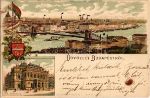 1894 (Vorläufer!!!) Budapest, Kir. Operaház, Lánchíd. Címeres és zászlós, szecessziós litho / Art Nouveau, litho