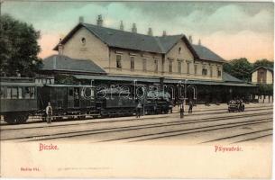 1908 Bicske, Pályaudvar, Vasútállomás, vasutasok, gőzmozdony, hajtány. Kiadja Radits Pál / Bahnhof / railway station