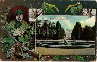 Vienna, Wien; Schönbrunn Schloss Allee / castle park. Franz Joseph with hunting equipment. Art Nouveau (EK)