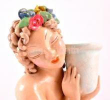 H. Ráhmer Mária (1911-1998): Egzotikus lány gyertyatartóval. Festett mázas kerámia, jelzett, apró má...