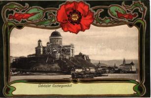 Esztergom, Esztergomi bazilika, előtérben Dunai hajómalom. Kiadja Wallfisch S. Szecessziós litho keret / Basilica, floating boat mills. Art Nouveau litho frame (r)