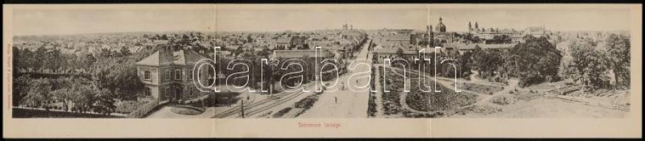 Debrecen, 3-részes kihajtható panorámalap a Debreczeni Helyi Vasút Rt. (DHV) kisvasútjával és a zsinagógával, városi vasút. Kiadja Telegdi K. Lajos utóda / 3-tiled foldable panoramacard with urban railway and synagogue