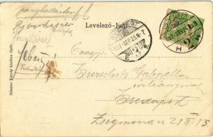 1907 Győr, Rába híd, Püspökvár, tetejes fahajó, bőgőshajó az előtérben. Kiadja Rőszler Károly. Magya...