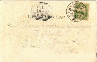 1903 Győr, Mádai Kioszk a Sétatéren, Kisfaludy szobor, Püspökvár. Art Nouveau, litho (fl)