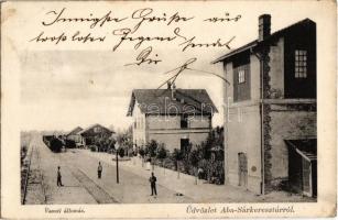 1908 Aba-Sárkeresztúr, Vasútállomás, tehervonatok, vasutasok. Kiadja Ladányi Ernő fényképész (EK)