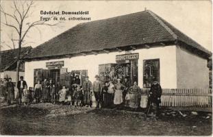 1914 Domoszló, Fogyasztási és Értékesítési Szövetkezet üzlete, Korlát Antal italmérése, kocsmája (EK)