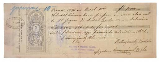 Pécs 1893. Kitöltött 7Ft-os váltó 10.000G-ről, bélyegzéssel T:III /  Hungary / Pécs 1893. 7 Forint exchange bill about 10.000 Gulden with overprint C:F