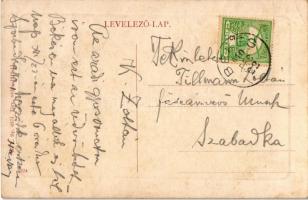 1910 Cegléd, látkép, Református Nagytemplom, Evangélikus templom, pipázó férfi az erkélyen. W. L. Bp...