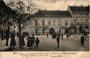 1905 Vác, Piac tér a Hotel Curia szállodával, italmérés, bútorkárpitos díszítőműhely. Kiadja Rosenbaum J. Henrik (megerősített sarok / restored corner)