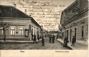 1908 Vác, Széchenyi utca, Korona szálloda és étterem, kávéház, Preszburger Károly bútor üzletének reklámja egy házfalon (EK)