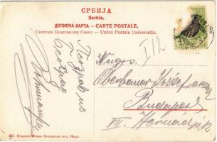 Belgrade, Beograd; Le Nouveau Palais / new palace, shop, tram, man repairing the street lamp on a la...