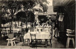 1913 Vác, Hotel Curia szálloda pálma és babér kerthelyisége, étterem, pincérek (EK)