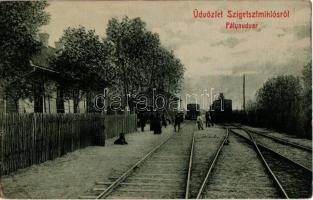 Szigetszentmiklós, Pályaudvar, Vasútállomás, vonat, létra, tehervagonok. W. L. (?) 804. Kiadja Özv. Madácsi Sándorné (EK)