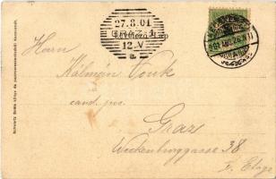 1901 Kecskemét, Kossuth tér, Szentháromság szobor. Kiadja Schwartz Soma.Magyar zászlós litho keret /...