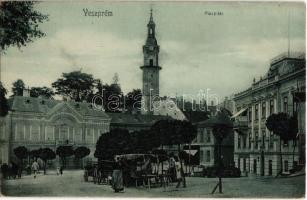 1907 Veszprém, Piac tér, Takarékpénztár, piaci árusok, Gyógyszertár, Tűztorony