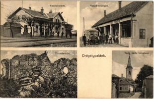 1931 Drégelypalánk, Vasútállomás, vasutasok, Vasúti vendéglő, autóbusz, Drégely vára, Római katolikus templom (EK)