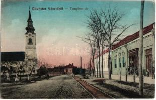 1913 Vésztő, Templom tér, Református templom, kisvasút, városi vasút, Putics Testvérek üzlete és saját kiadása (Rb)