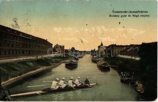 1909 Temesvár, Timisoara; Józsefváros, Dohánygyár és Béga részlet, montázs evezősökkel / Iosefin, tobacco factory, Bega river, montage with rowing team