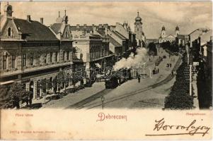 1900 Debrecen, Piac utca a Debreczeni Helyi Vasút Rt. (DHV) kisvasútjával, városi vasút, Rohner szálloda, Karancsy Zs. üzlete, Református Nagytemplom. Römmler & Jonas (EK)