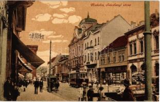 Miskolc, Széchenyi utca, Apollo színház, mozi, Boholy Imre, Neumann József üzlete, villamos. Kiadja a Fischer  tőzsde