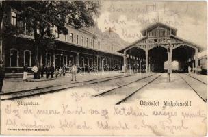 1904 Miskolc, Vasútállomás, Pályaudvar, vasutasok. Kiadja Gedeon András