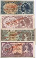 1945. 100.000P + 1946. 1.000.000.000P + 10.000MP + 10.000BP mind a négy pengő bankjegyen Papír- és Fémpénzkiállítás Szolnokon 1965. Május 15-18. piros felülbélyegzéssel + 1848. 100Ft Kossuth bankó imitációja, hátoldalán Nyomatott a Magyar Nemzeti Múzeum Magyarország története a honfoglalástól 1849-ig c. kiállításon 1967. május 31. T:II,III