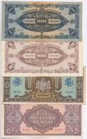 1945. 100.000P + 1946. 1.000.000.000P + 10.000MP + 10.000BP mind a négy pengő bankjegyen "Papír...