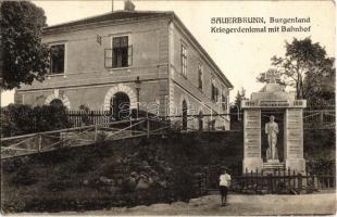 Savanyúkút, Sauerbrunn; Kriegerdenkmal mit Bahnhof / Hősök szobra és vasútállomás / military heroes monument and railway station (EB)