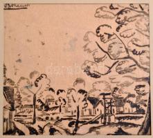 Bohacsek Ede (1889-1915): Falurészlet. Tus, pauszpapír, kis szakadással, jelzett, 21×24 cm
