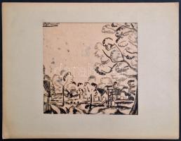 Bohacsek Ede (1889-1915): Falurészlet. Tus, pauszpapír, kis szakadással, jelzett, 21×24 cm