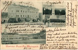 1901 Sepsiszentgyörgy, Sfantu Gheorghe; Árvaház, Honvéd szobor, Fő tér. Benkő M. kiadása / orphanage, main square, military monument (Rb)