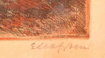 Elekfy Jenő (1895-1968): Este. Színezett rézkarc, papír, jelzett, üvegezett keretben, 20×28 cm